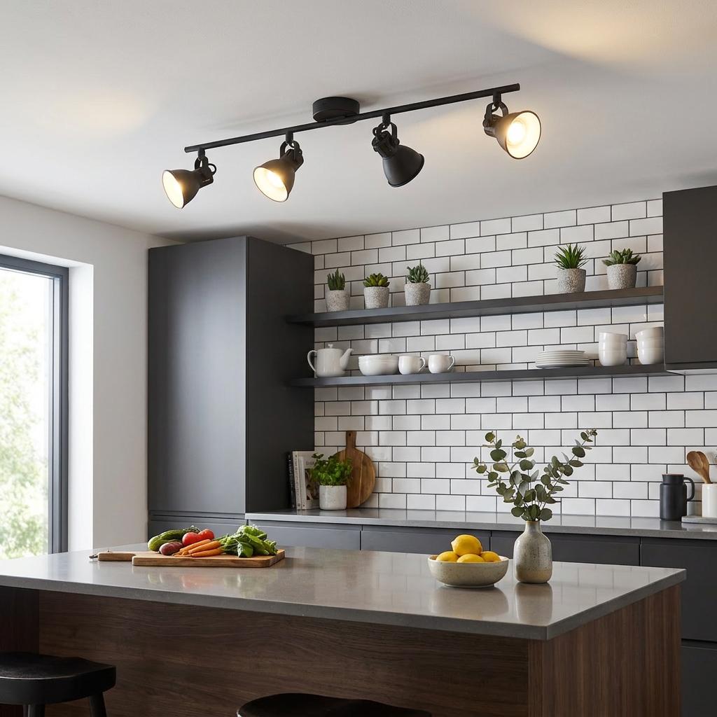 Eglo Seras 2 black 4-light bar spotlight illuminating a modern kitchen with subway tile and grey cabinets.