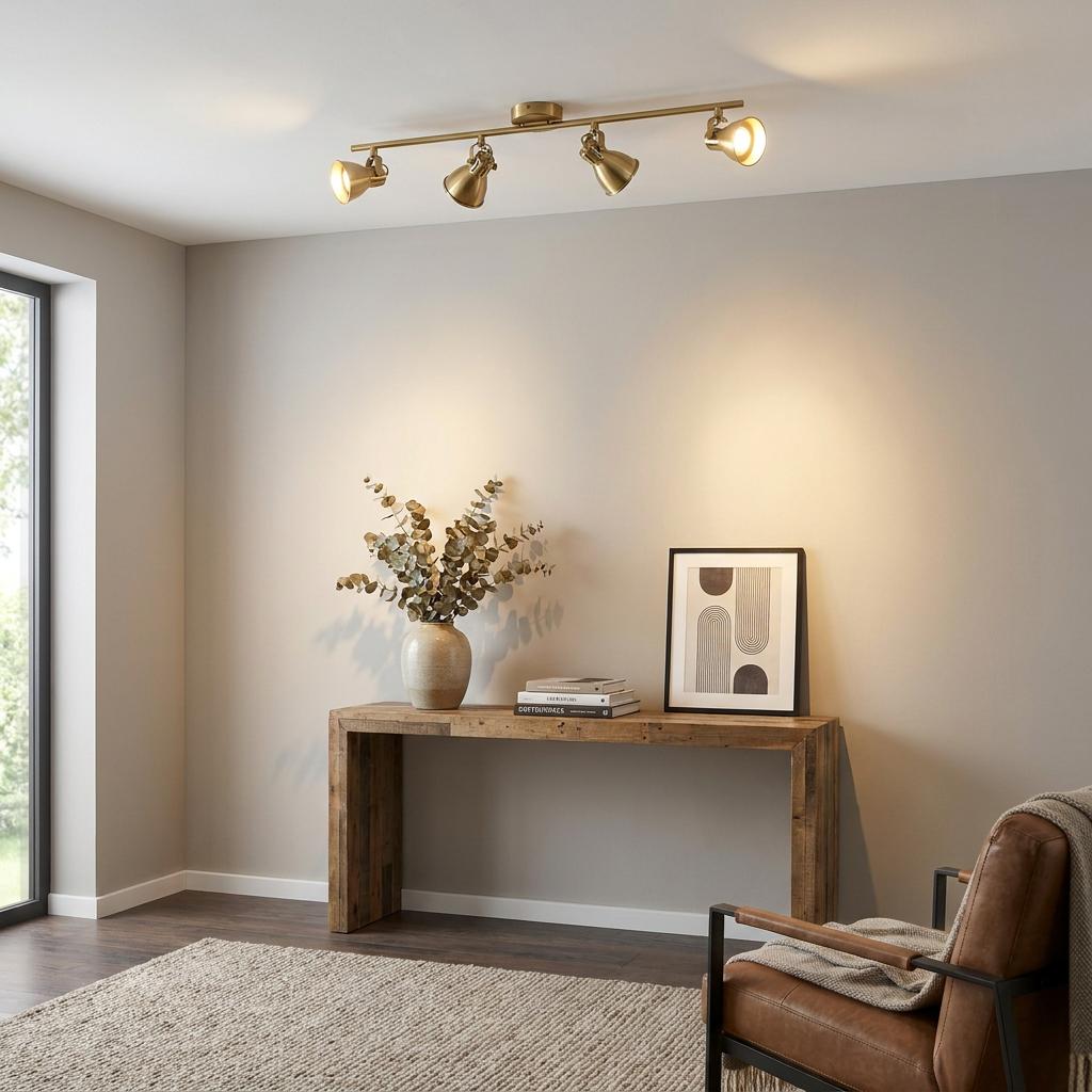 Eglo Seras brass four-light bar spotlight illuminating a wooden console table in a modern living room.