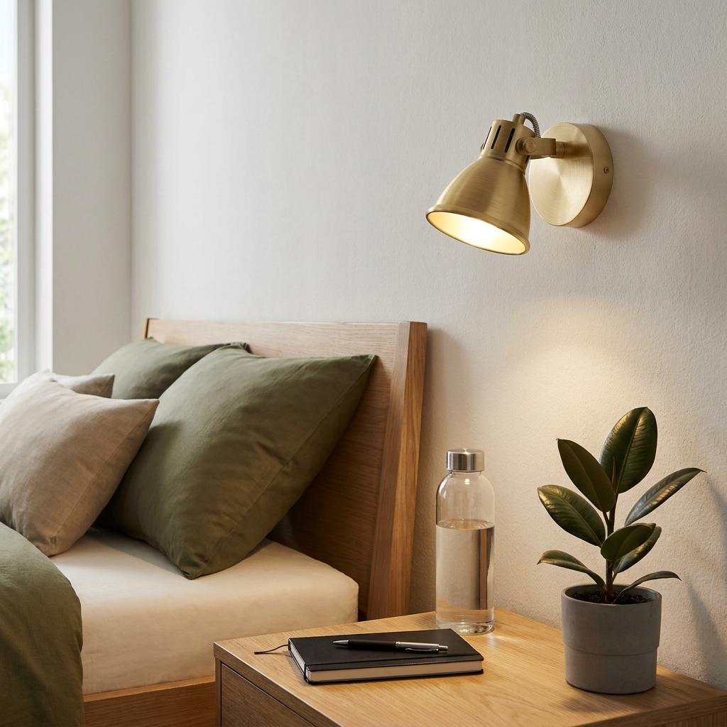 Brass wall spotlight illuminated above a wooden bedside table with a plant and notebook in a bedroom.