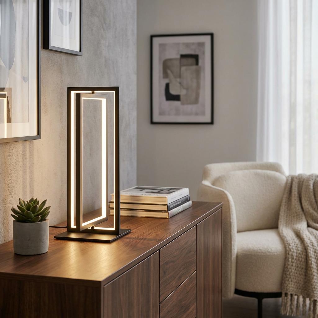 Modern black nested rectangular LED table lamp on a wooden sideboard in a stylish, neutral-toned living room.