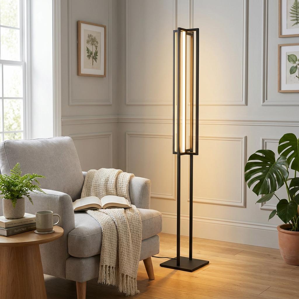 Eglo Siberia modern black framed LED floor lamp standing in a living room next to a grey armchair.