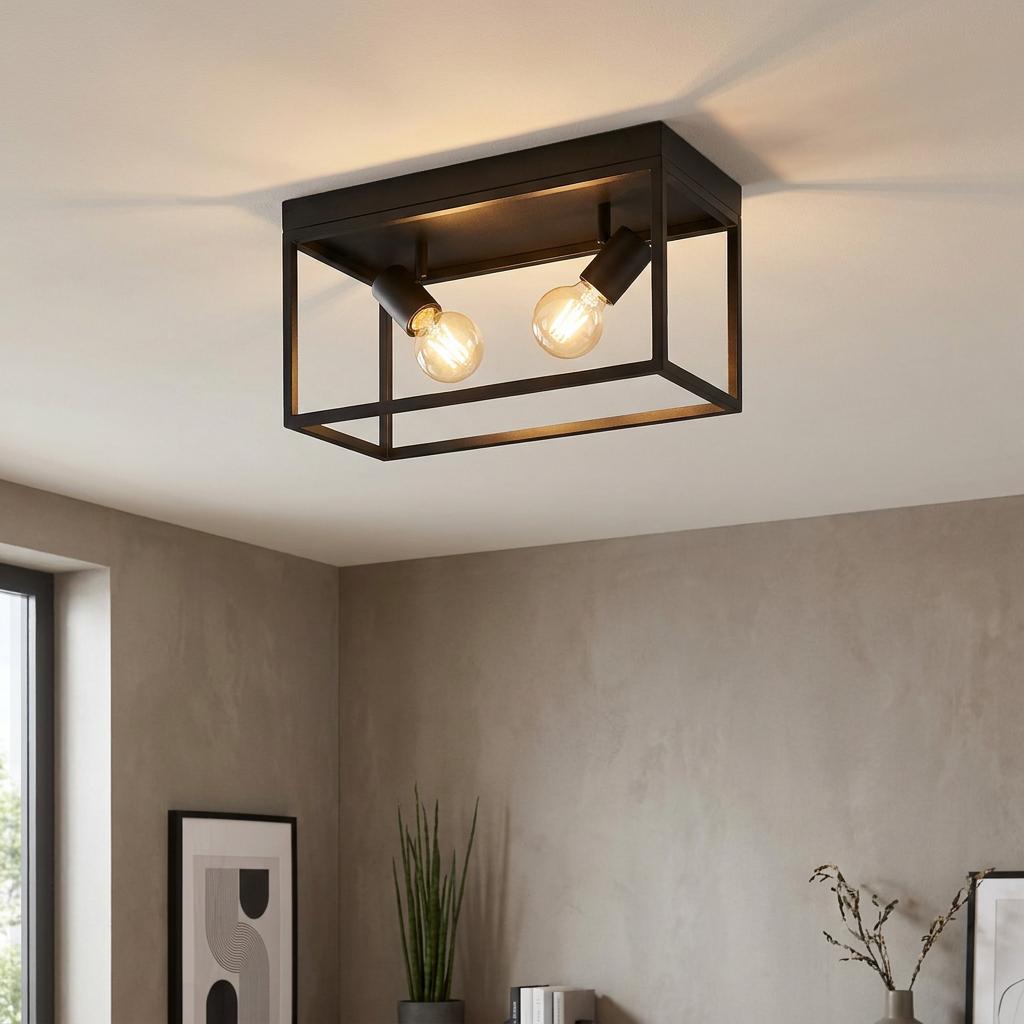 A black rectangular metal frame ceiling light with two illuminated bulbs in a modern living space.
