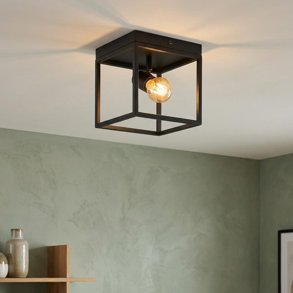 Modern black metal cube flush ceiling light with an exposed vintage bulb against a pale green wall.