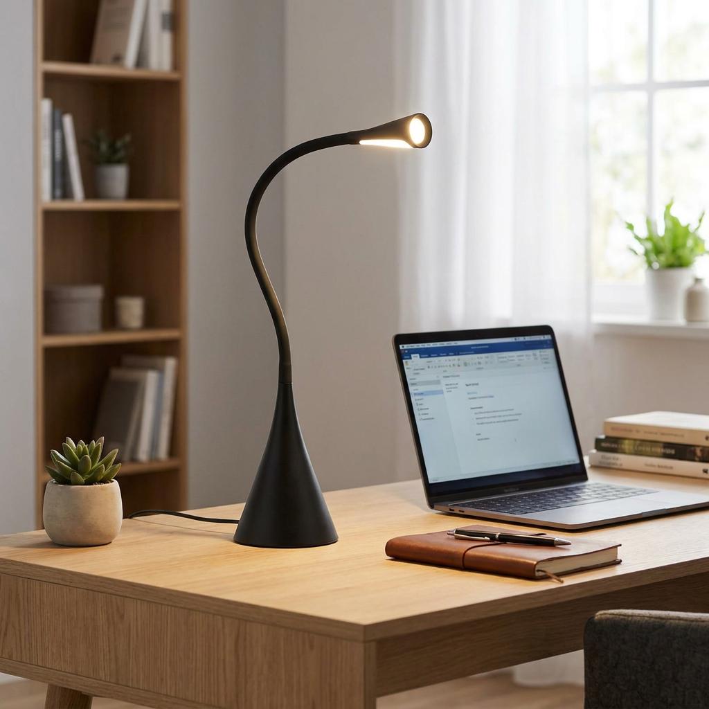 A black LED desk lamp with a flexible neck illuminated on a wooden desk next to a laptop.
