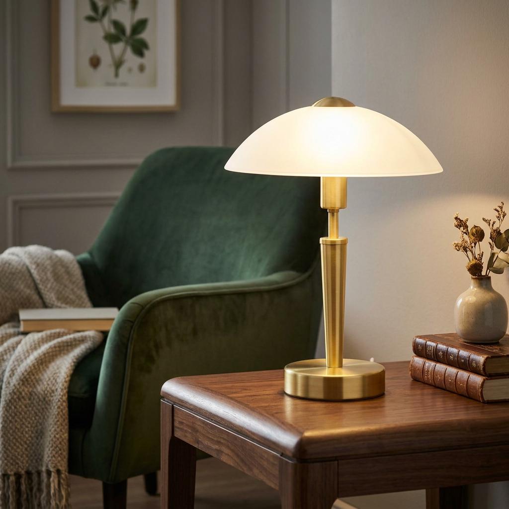 Eglo Solo 1 brass table lamp with a white glass dome shade on a wooden side table next to a green armchair.