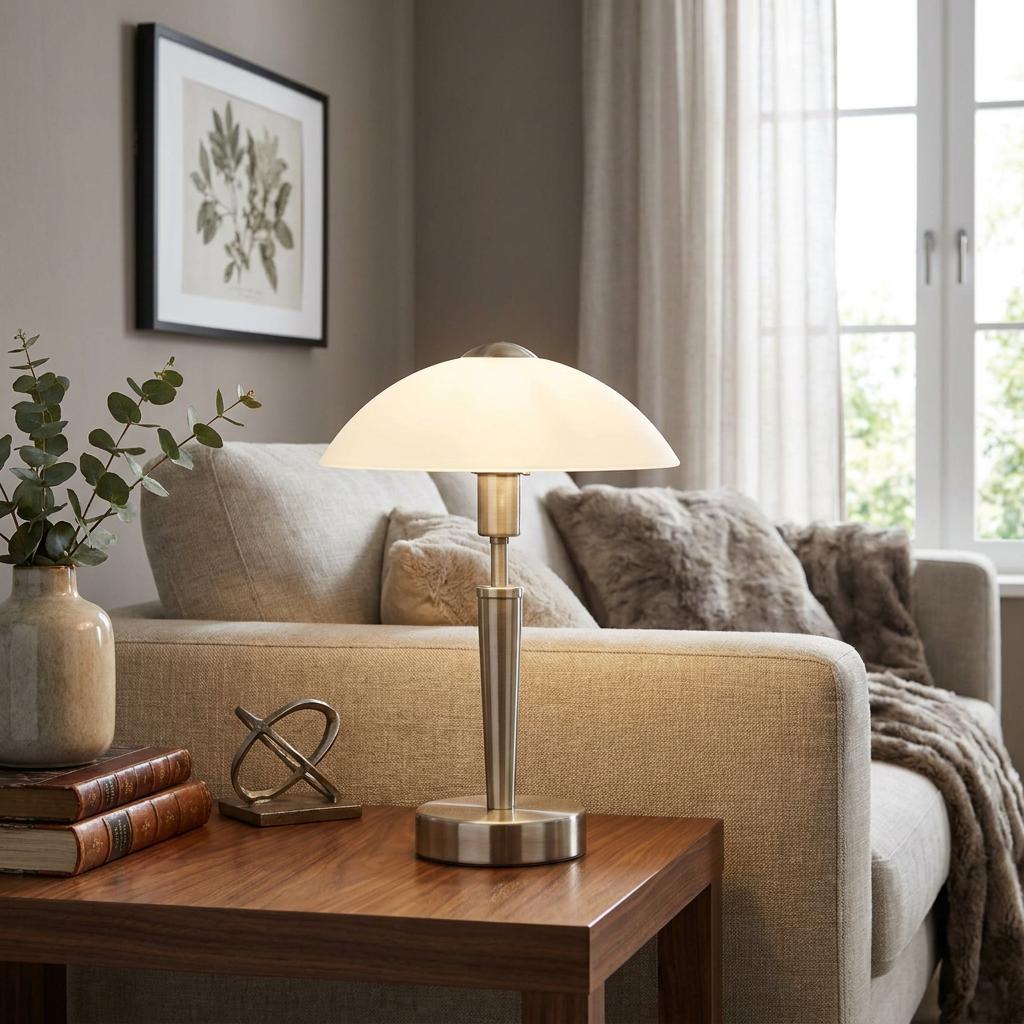 Eglo Solo 1 touch table lamp with a white dome glass shade and nickel base on a wooden end table.