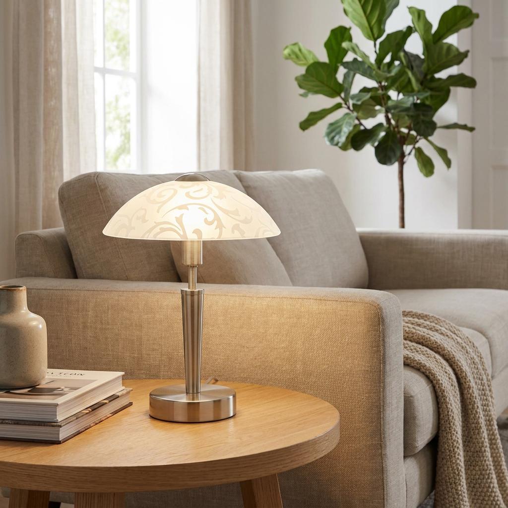 Eglo Solo nickel touch table lamp with patterned satin glass shade on a wooden table in a living room.