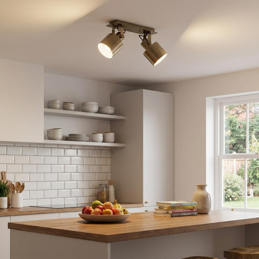 Eglo Southery Gold 2 Light Bar Spotlight mounted on the ceiling of a modern kitchen with a wooden island.