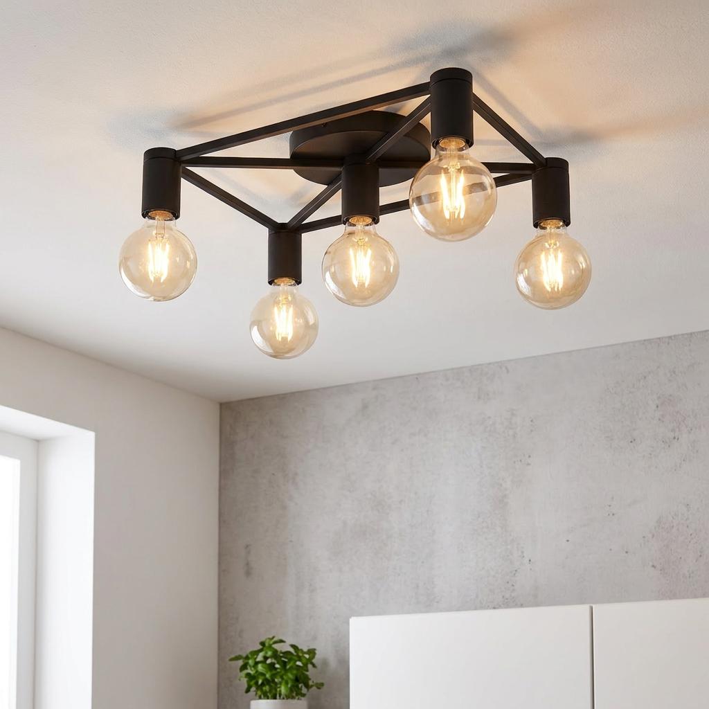 Eglo Speke flush black 5-light ceiling fixture with a geometric frame and exposed globe bulbs in a modern room.