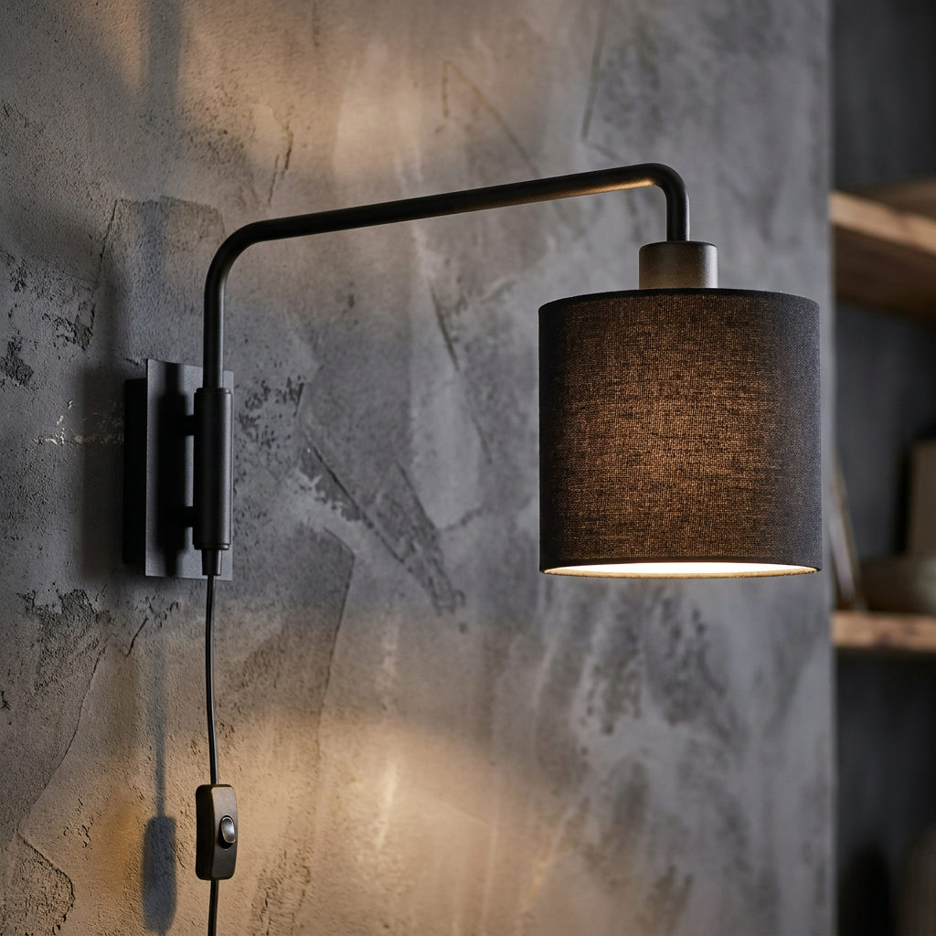 Black wall light with a swing arm and a fabric cylinder shade mounted on a textured grey wall.