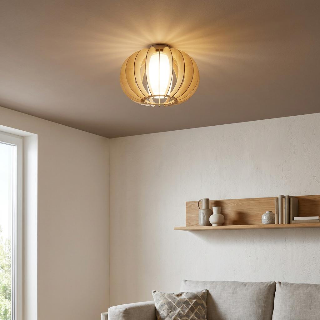 An Eglo Stellato 1 flush ceiling light with a curved wooden slat shade and white glass diffuser in a living room.
