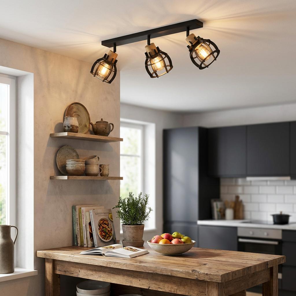 Industrial three-light ceiling bar with black wire cages and wood accents illuminating a modern kitchen area.
