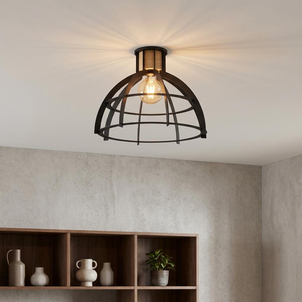 Eglo Stillington flush black cage ceiling light with an exposed bulb, illuminated above a wooden storage shelf.