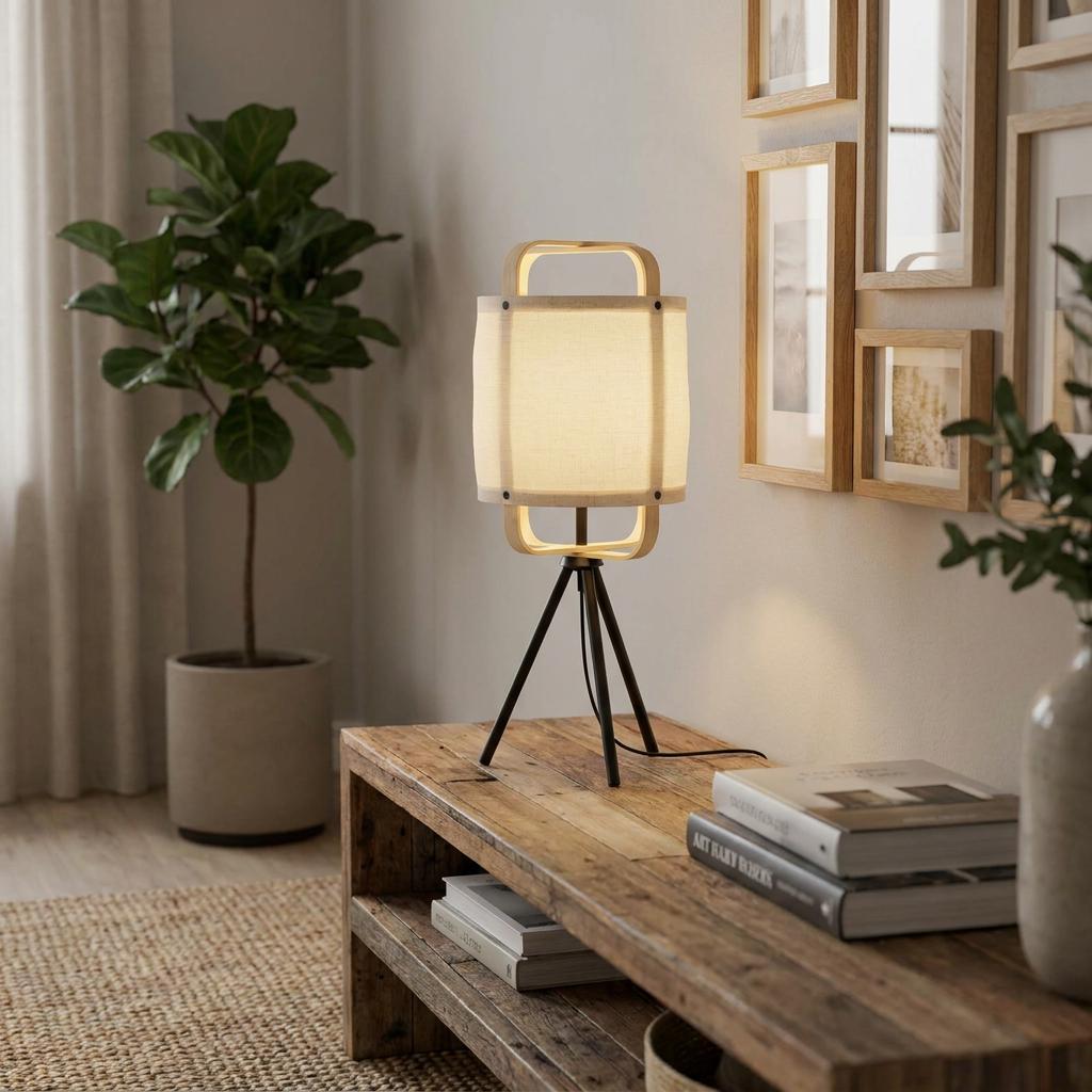 Eglo Surfleet bamboo and linen tripod table lamp glowing on a rustic wooden console table in a modern room.