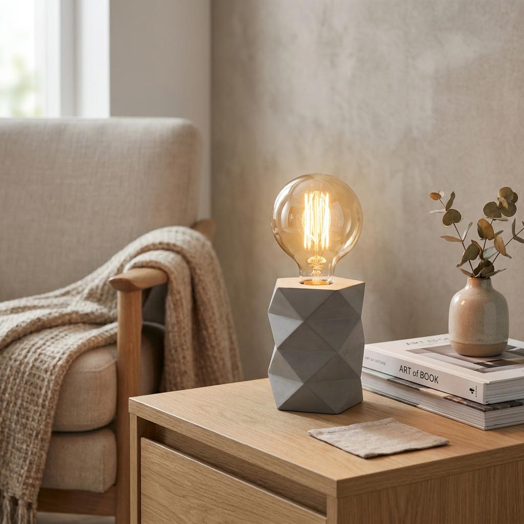 Geometric grey cement table lamp with a large vintage Edison bulb on a wooden side table in a cozy room.