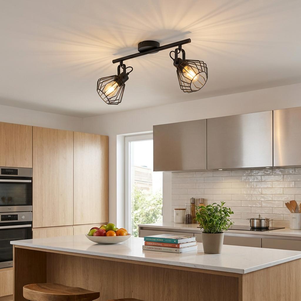 Eglo Tabillano black wire 2-light bar spotlight mounted on a kitchen ceiling above an island.