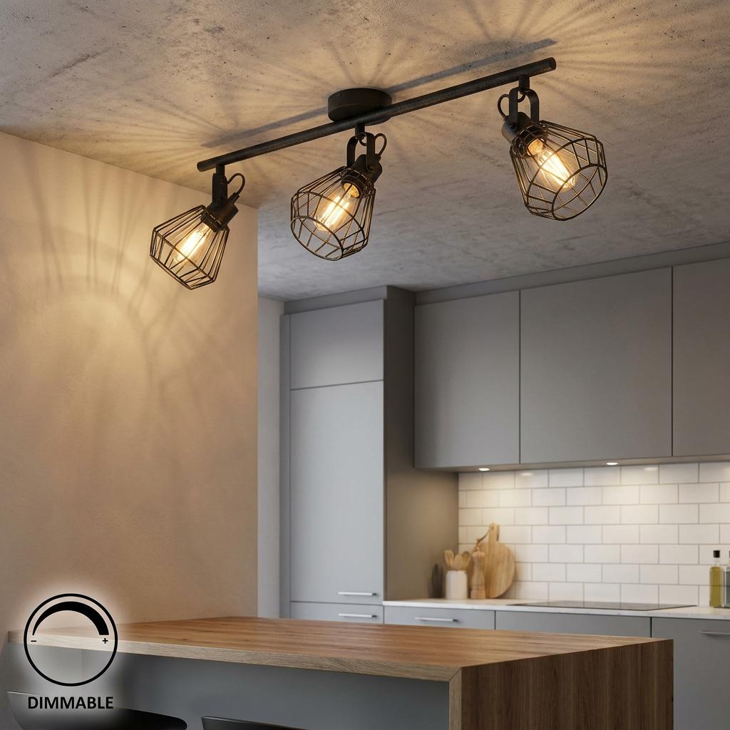 Eglo Tabillano black wire 3-light bar spotlight mounted on a ceiling in a modern grey kitchen.