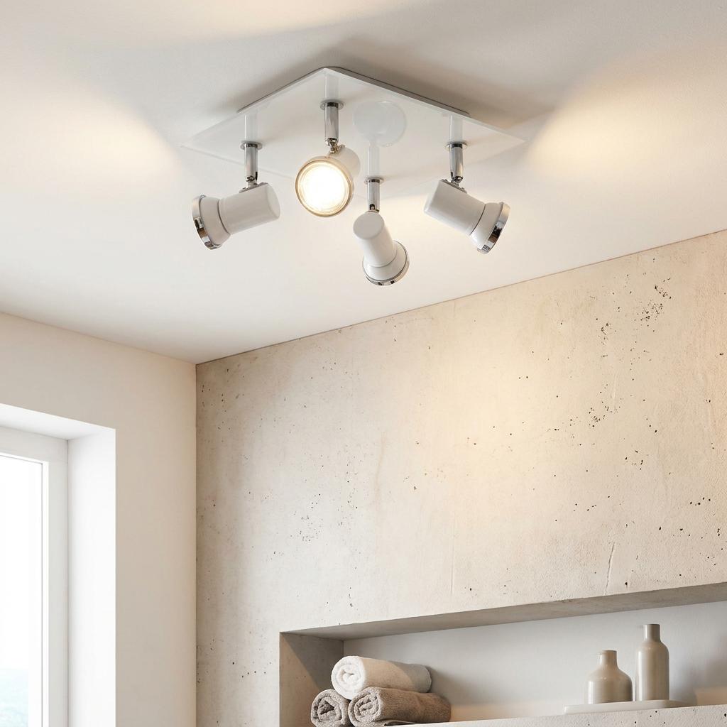 Eglo Tamara 1 white and chrome 4-light bathroom spotlight plate mounted on a ceiling above a shelf with towels.