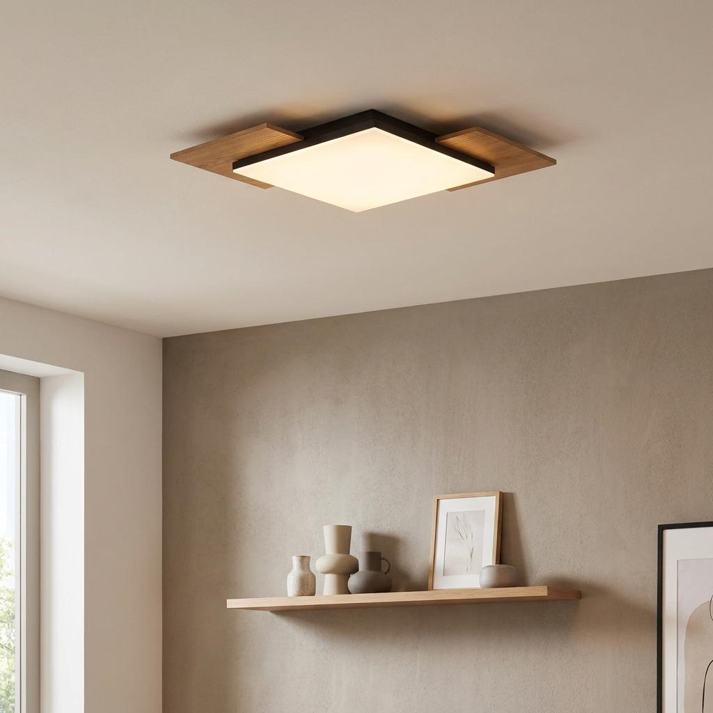 Square LED flush ceiling light with black trim and oak-finish panels in a contemporary living space.