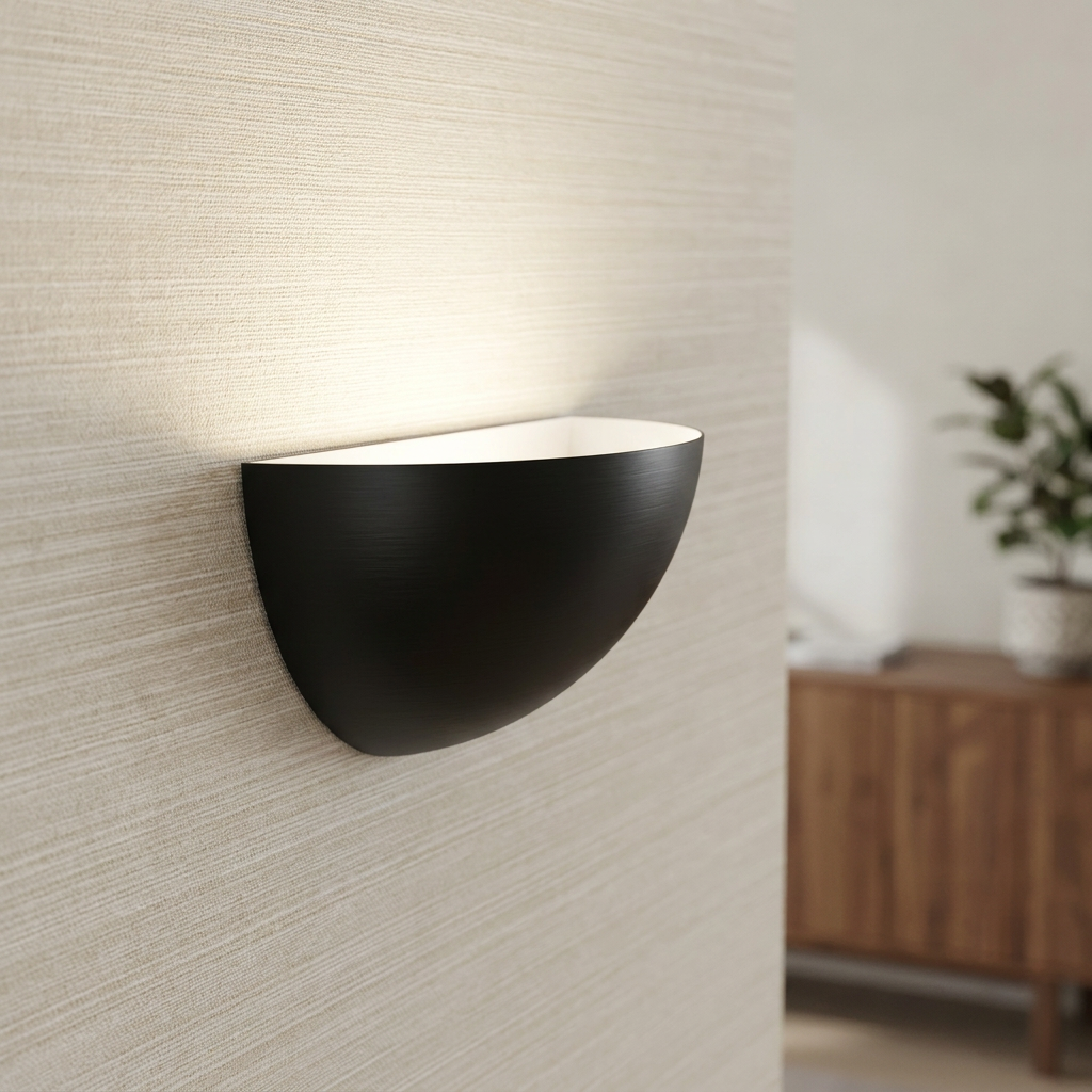 A sleek, semi-circular black metal wall sconce casting a warm upward glow on a textured light-colored wall.