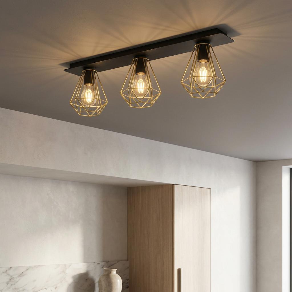 Black three-light bar ceiling fixture with gold geometric wire cages and warm bulbs in a modern interior.