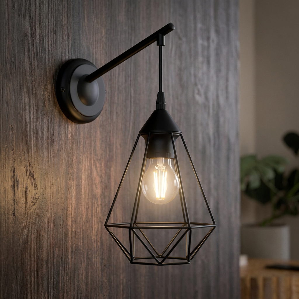 Black geometric wire caged wall light with an exposed vintage bulb mounted on a dark wooden wall.