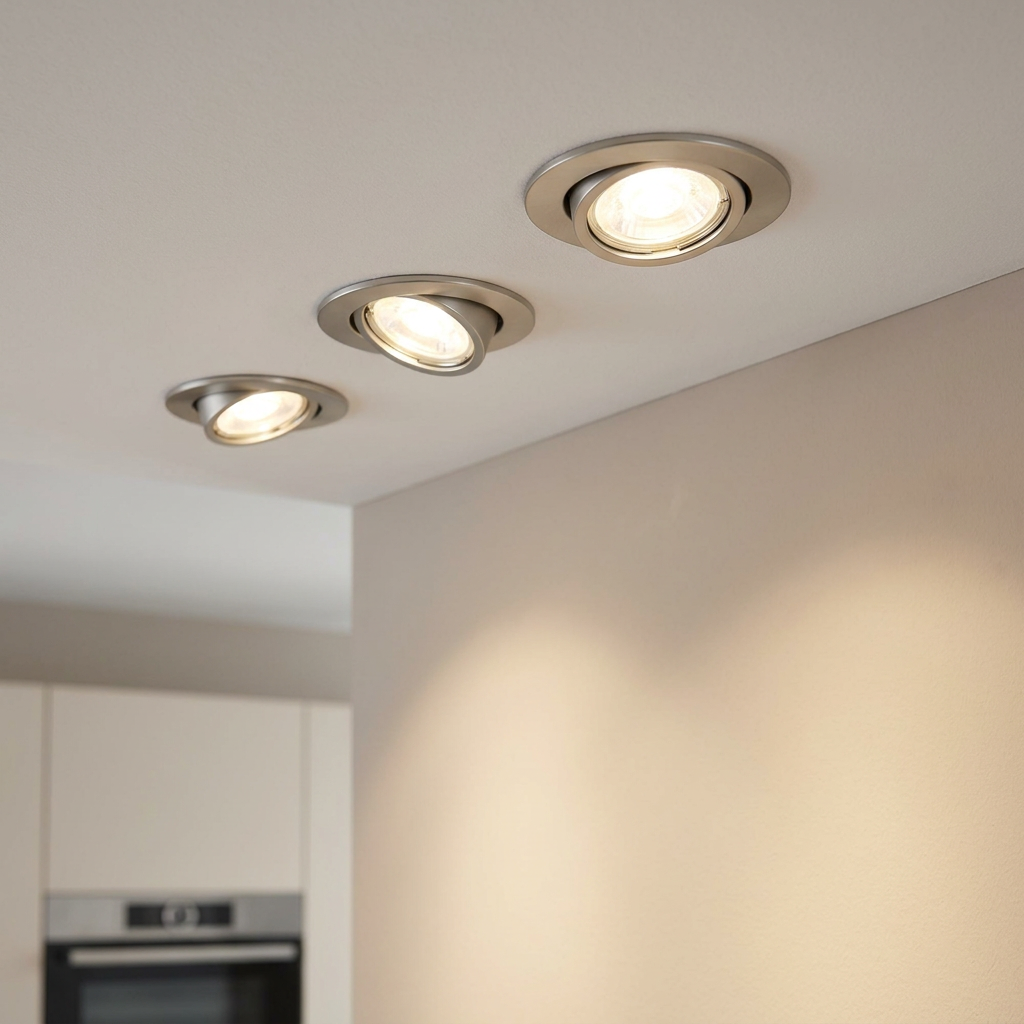 Three adjustable nickel downlights installed in a white ceiling, glowing warmly against an adjacent wall.
