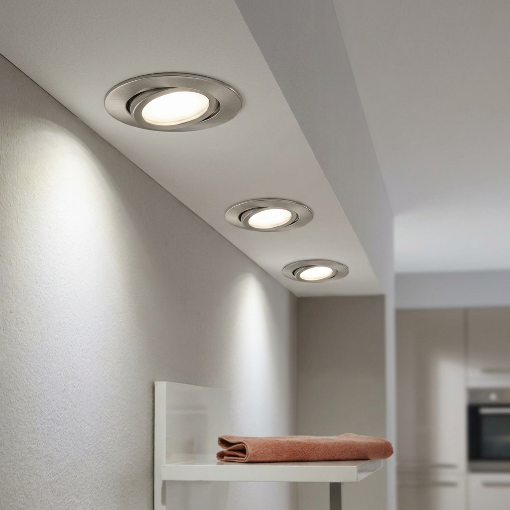 Three nickel recessed downlights installed in a white ceiling soffit, illuminating a wall and shelf.