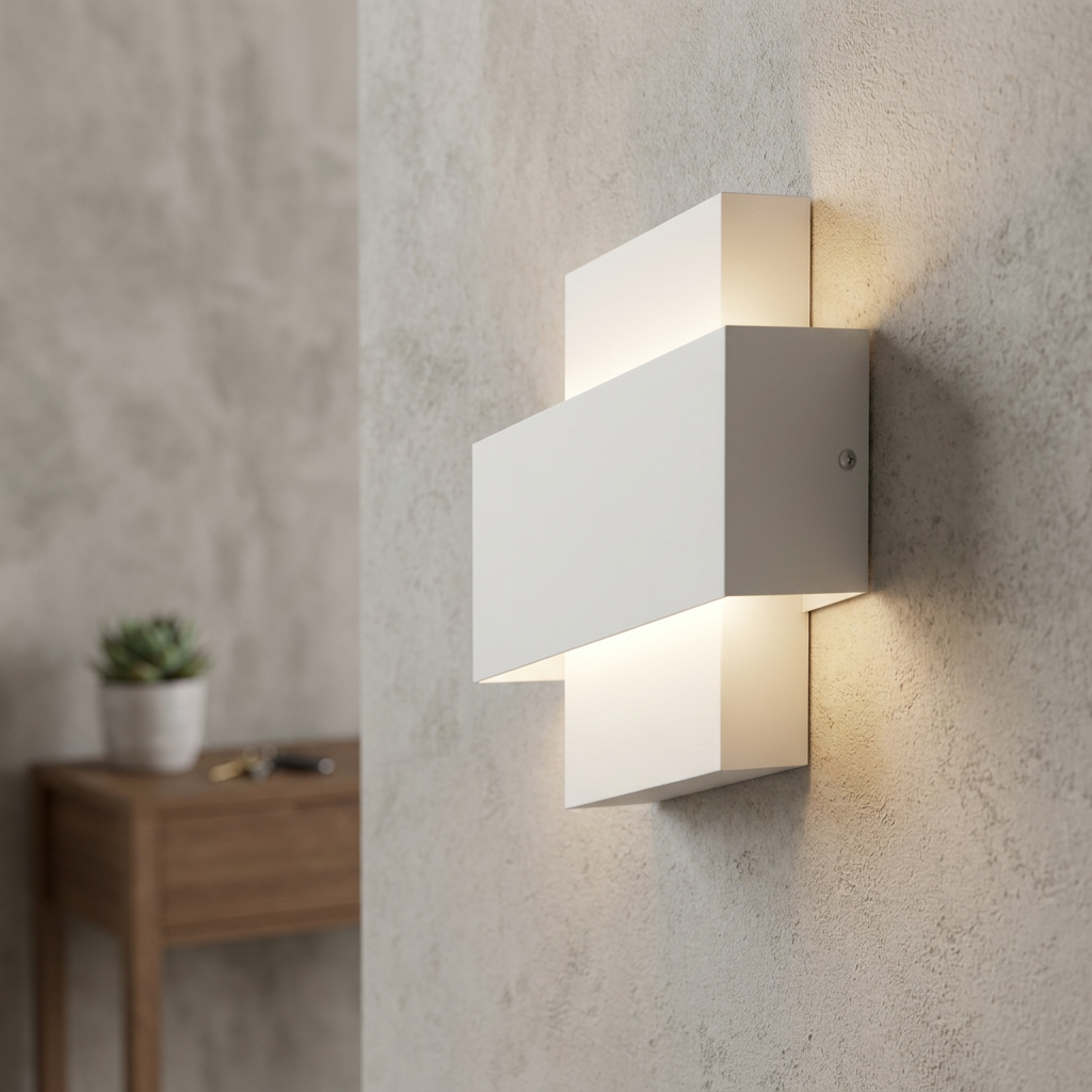 Modern white geometric wall light with up and down lighting mounted on a textured interior wall.