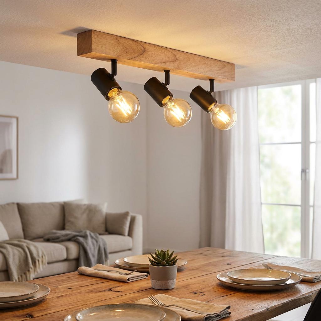 Three-light wood bar spotlight with black adjustable heads and warm bulbs mounted above a dining table.