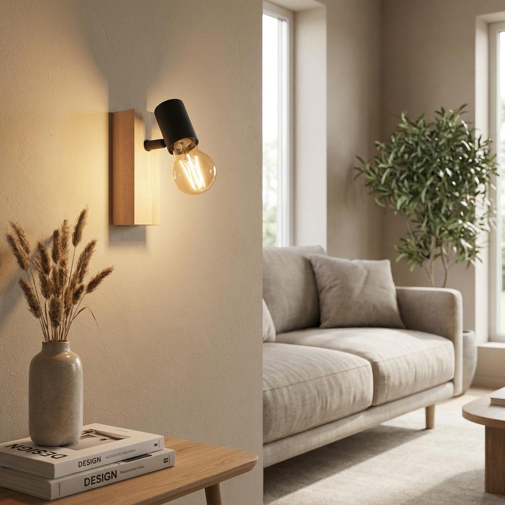 Modern wall spotlight with a light wood base and black socket, casting a warm glow in a cozy living room.