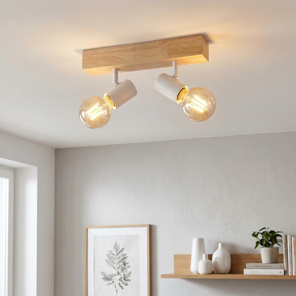 Two-light ceiling spotlight with a light wood base and white adjustable heads glowing in a modern room.