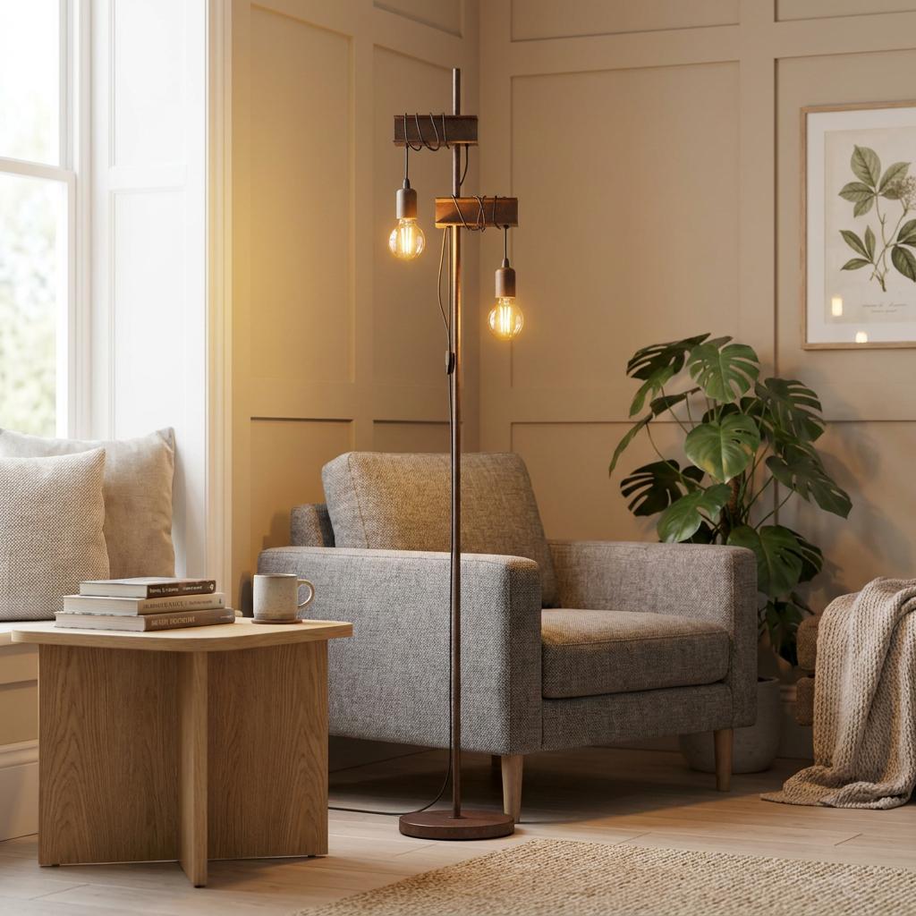 Industrial two-light floor lamp with wood-effect beams and Edison bulbs in a cozy living room setting.