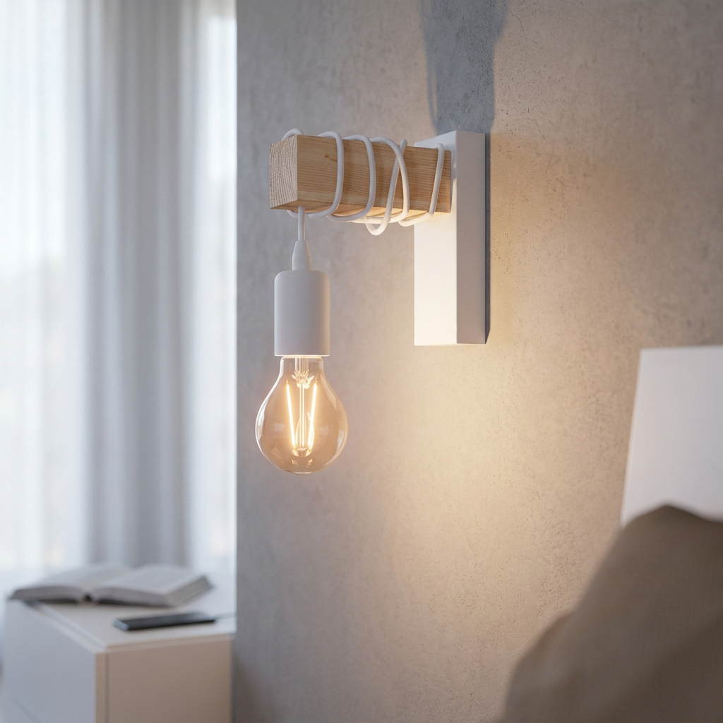 Modern white and wood wall light with a wrapped cord and exposed bulb glowing on a textured grey wall.