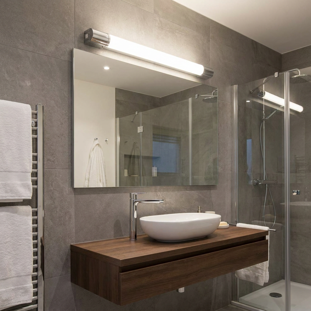 A long tubular chrome LED bathroom light mounted above a mirror in a modern grey-tiled bathroom.