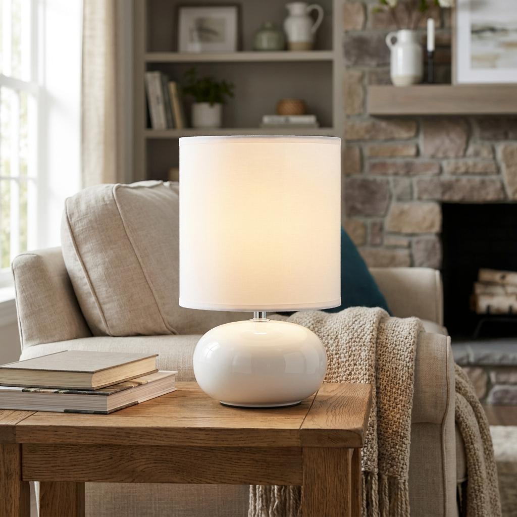 Lit Eglo Trondio white ceramic table lamp on a wooden side table in a cozy living room setting.