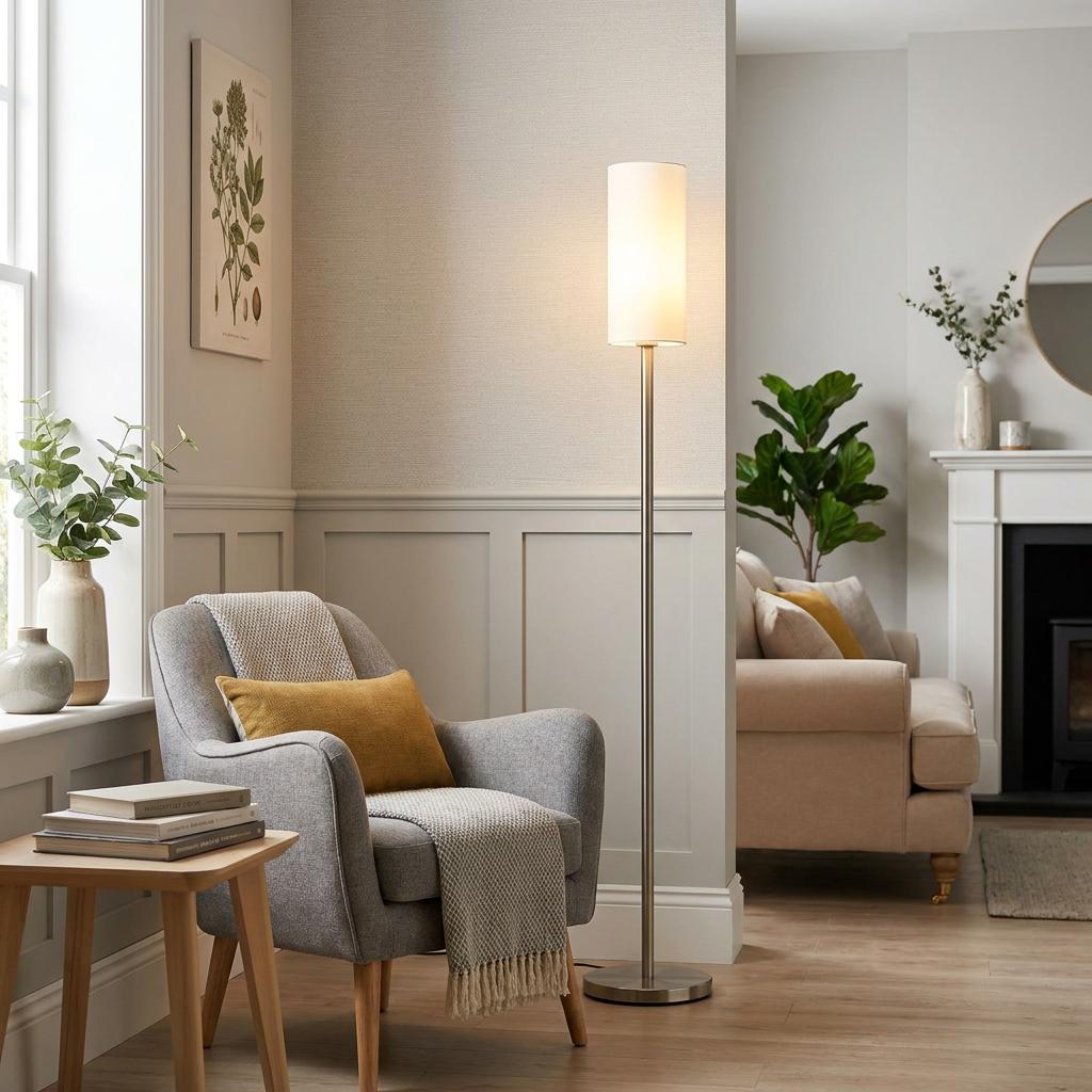 Eglo Troy 3 floor lamp with a white glass shade stands next to a grey armchair in a cozy living room.