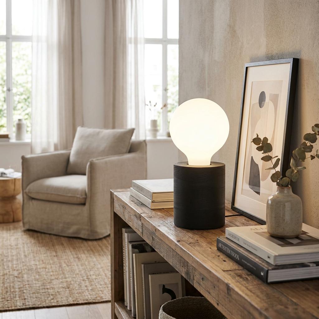 Eglo Turialdo 1 table lamp with a black wood cylinder base and large bulb on a rustic wooden console table.