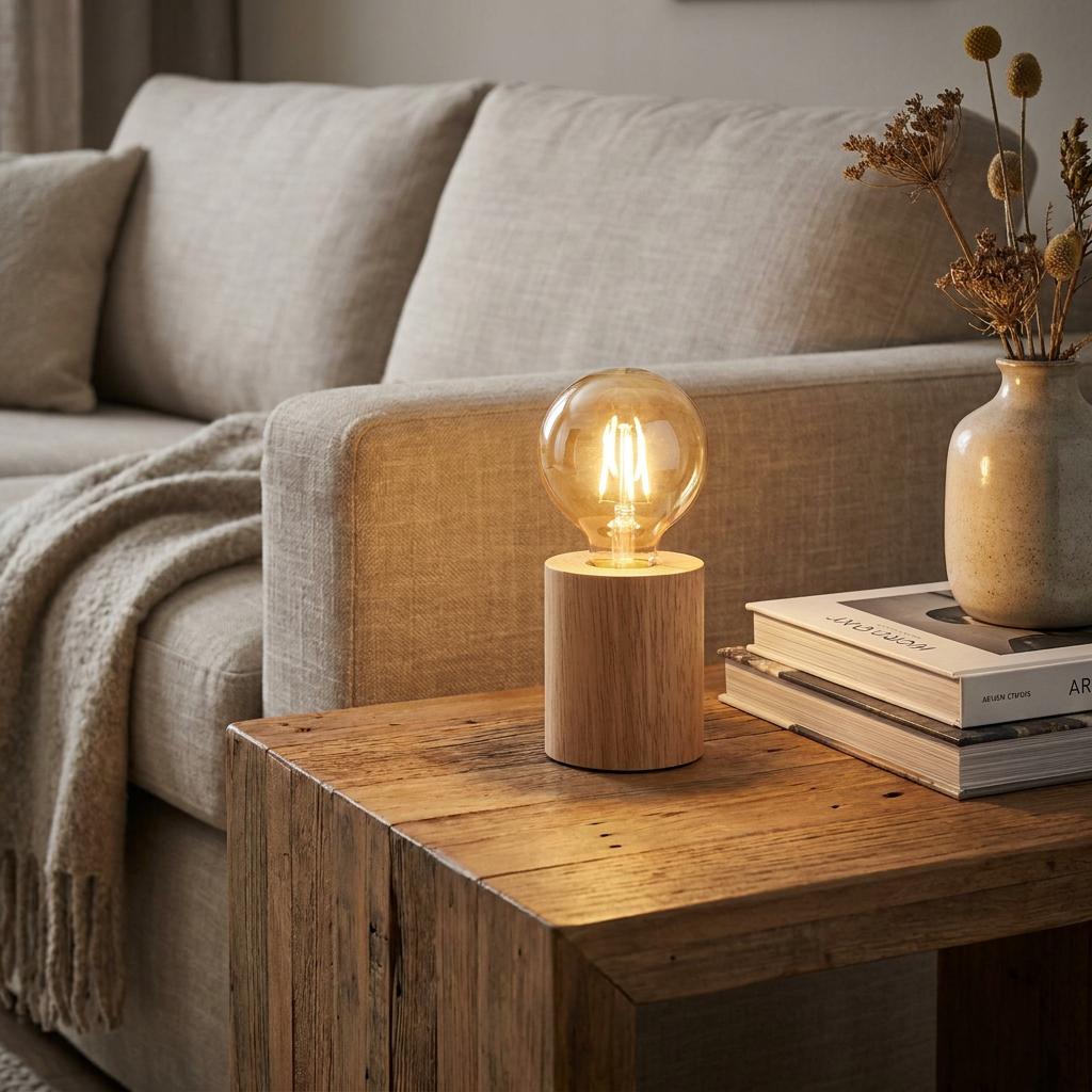 Wooden cylinder table lamp with a glowing filament bulb on a rustic side table beside a beige sofa.
