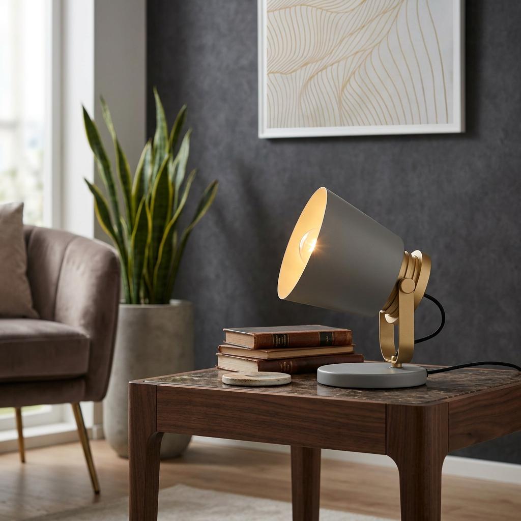 Modern grey and gold table lamp with an adjustable shade, illuminated on a side table in a contemporary living room.