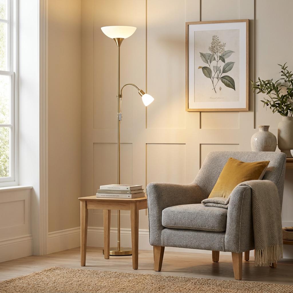 Bronze floor lamp with a main uplighter and adjustable reading light beside a grey armchair in a cozy living room.