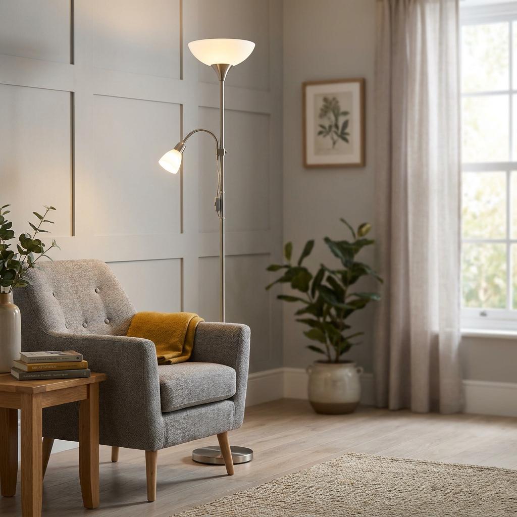 Nickel mother and child floor lamp illuminating a cozy living room with a grey armchair and wood panelled wall.
