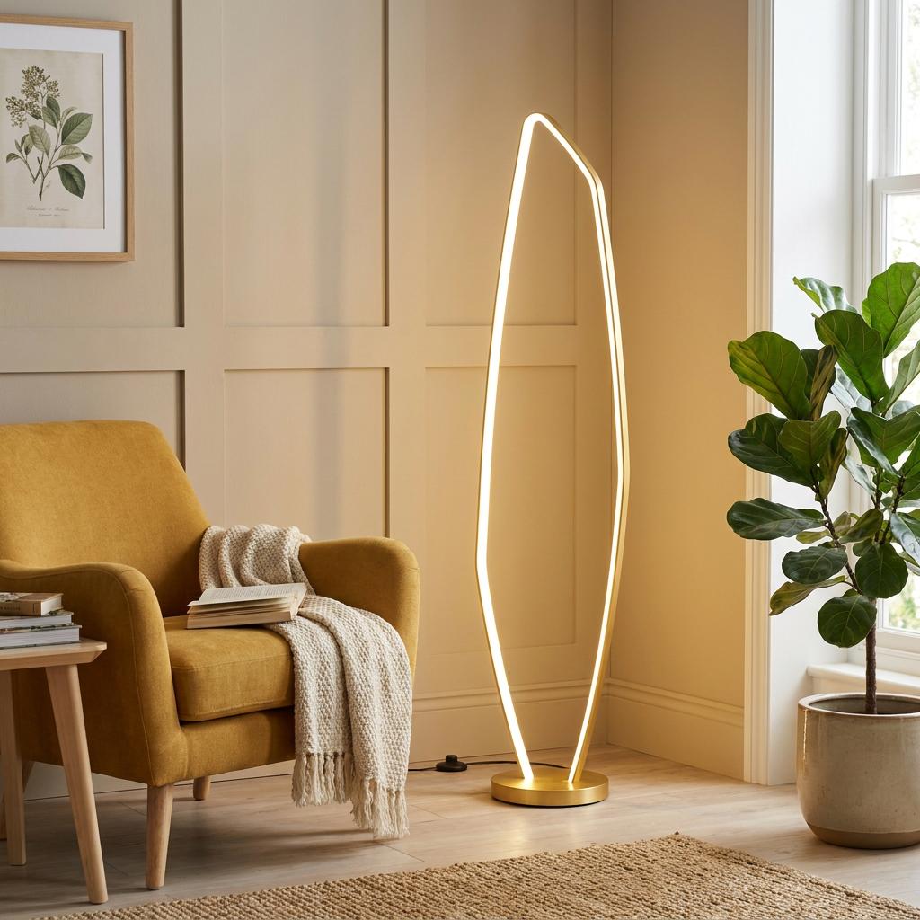 Sleek brass LED floor lamp with a sculptural geometric loop design illuminated in a modern living room corner.