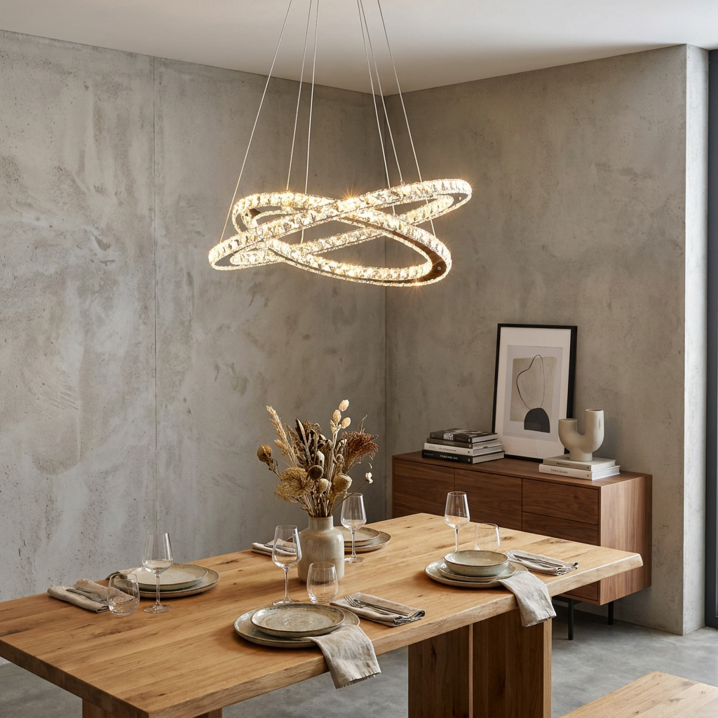 Modern crystal interlocking rings pendant light glowing above a wooden dining table in a room with concrete walls.