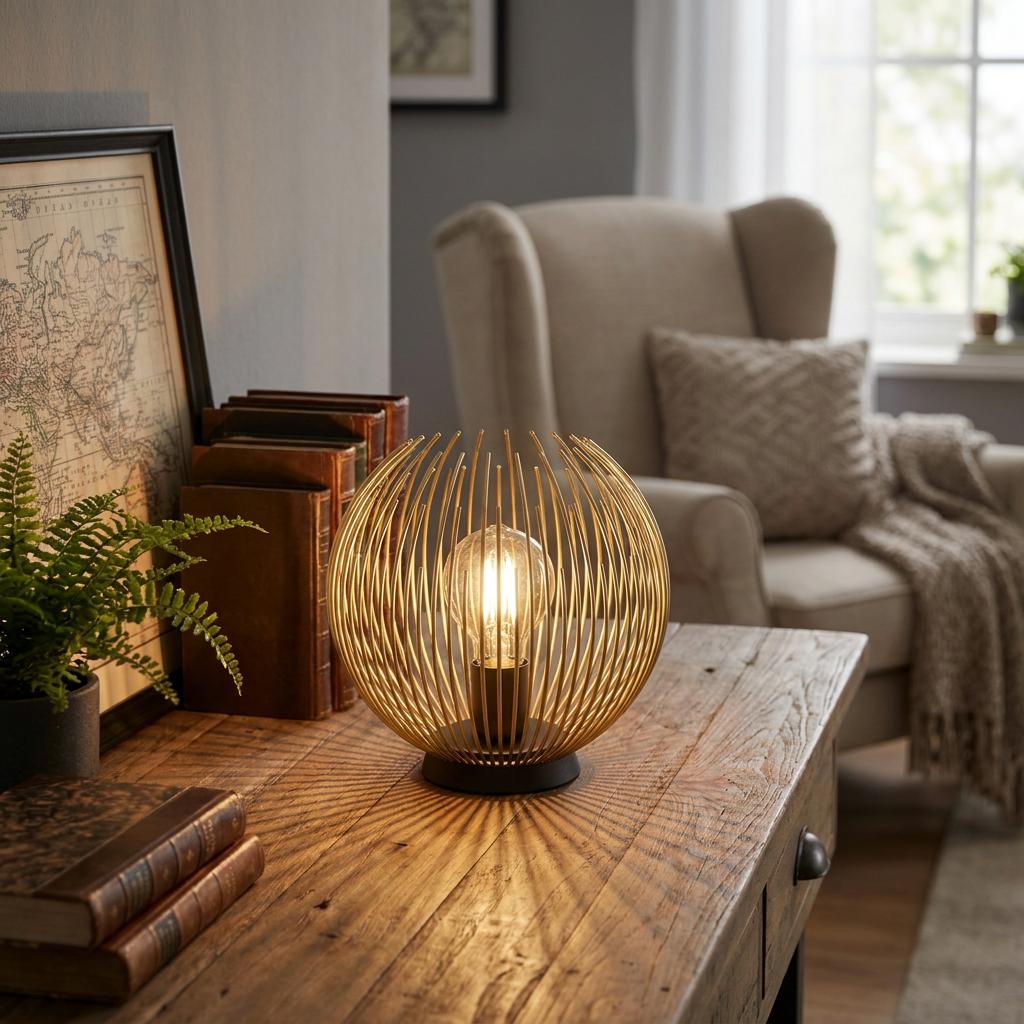 Gold wire globe table lamp on a wooden desk, casting radial shadows near books and a plant.