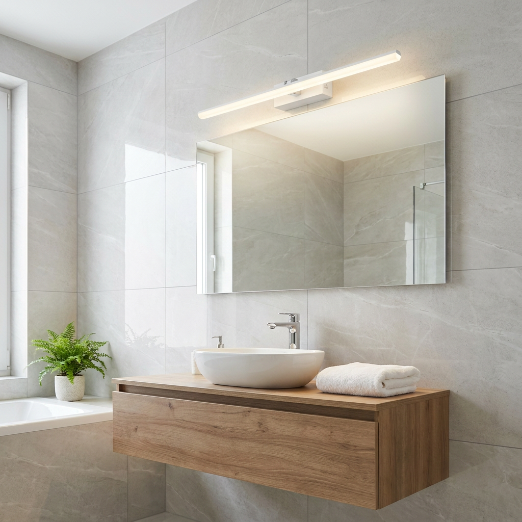 Eglo Verdello white LED bar light mounted above a mirror in a modern grey tiled bathroom with wooden vanity.