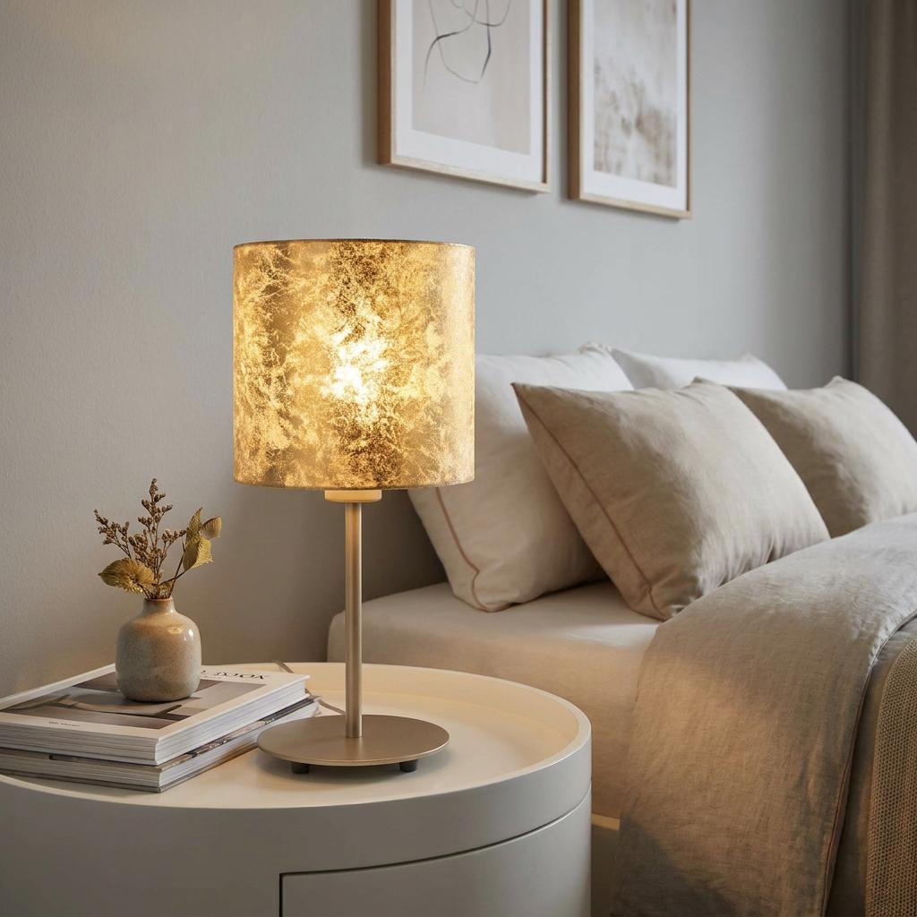 Lit Eglo Viserbella champagne table lamp with a gold leaf shade on a white bedside table in a neutral bedroom.