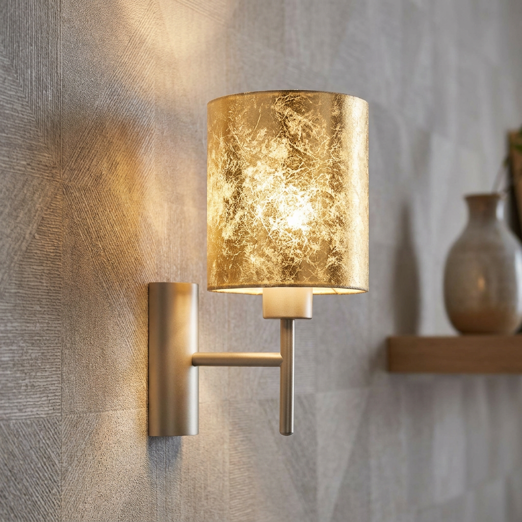 Champagne wall light with a textured gold leaf cylindrical shade mounted on a geometric patterned wall.