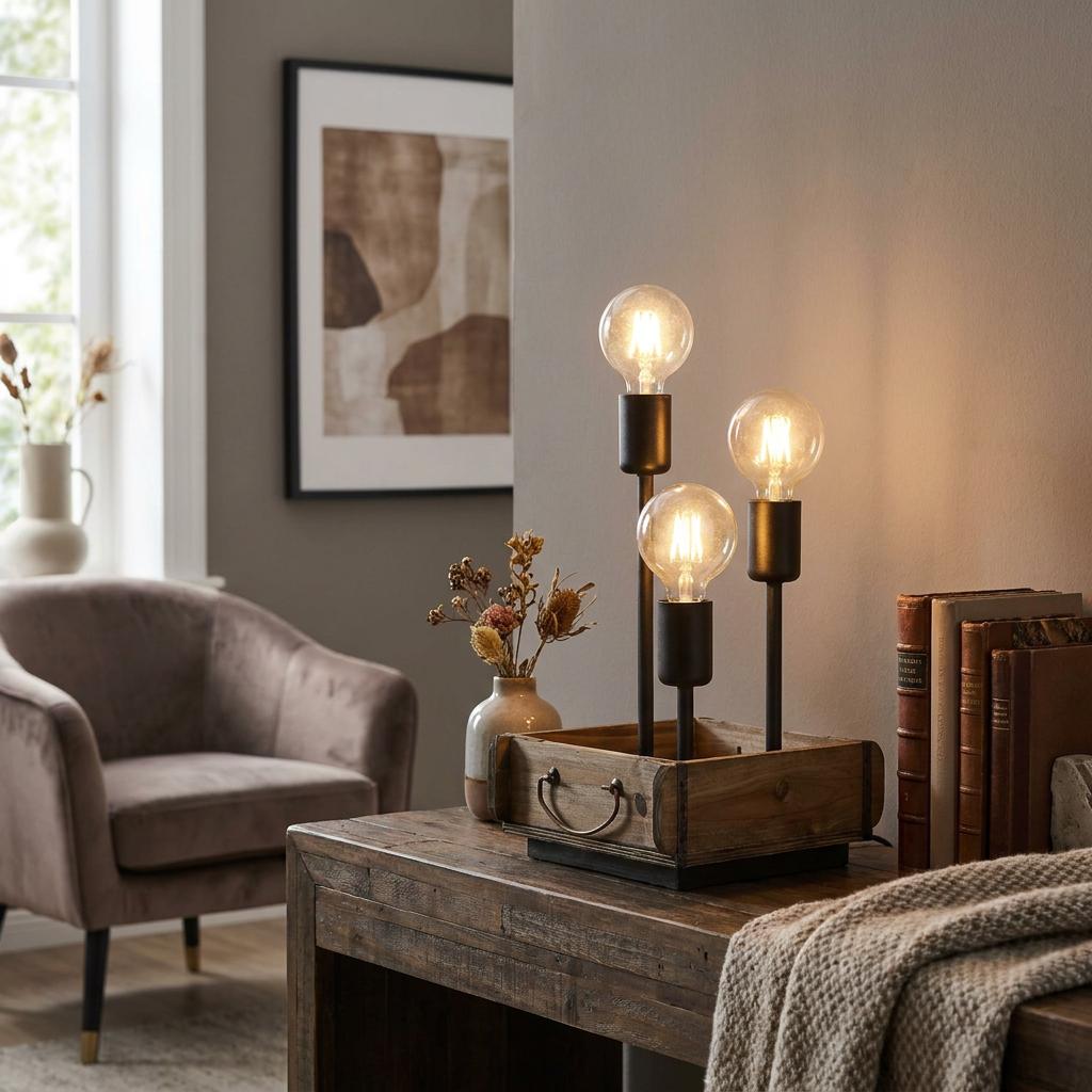 Three glowing globe bulbs on black stalks inside a wooden crate table lamp on a rustic wooden console table.