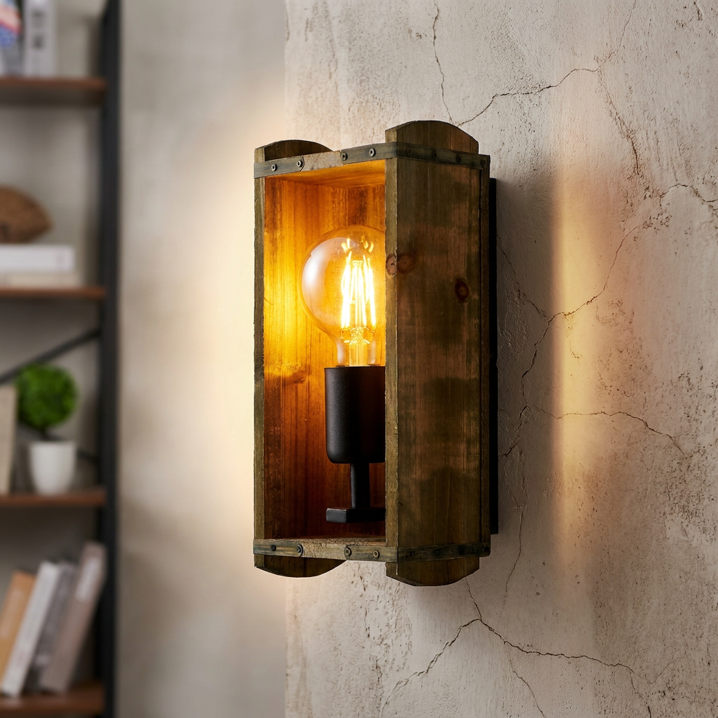 Rustic Eglo Wootton wooden crate wall light with a warm filament bulb mounted on a textured plaster wall.